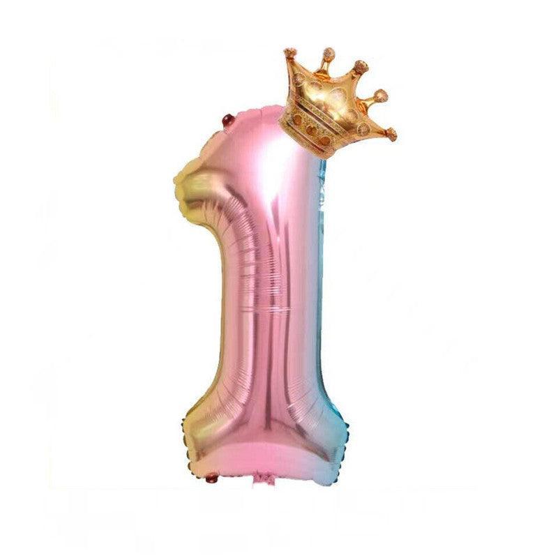 Iridescent Rainbow Foil Number Balloon with Gold Crown, 32 Inch (81 cm) - Number 1