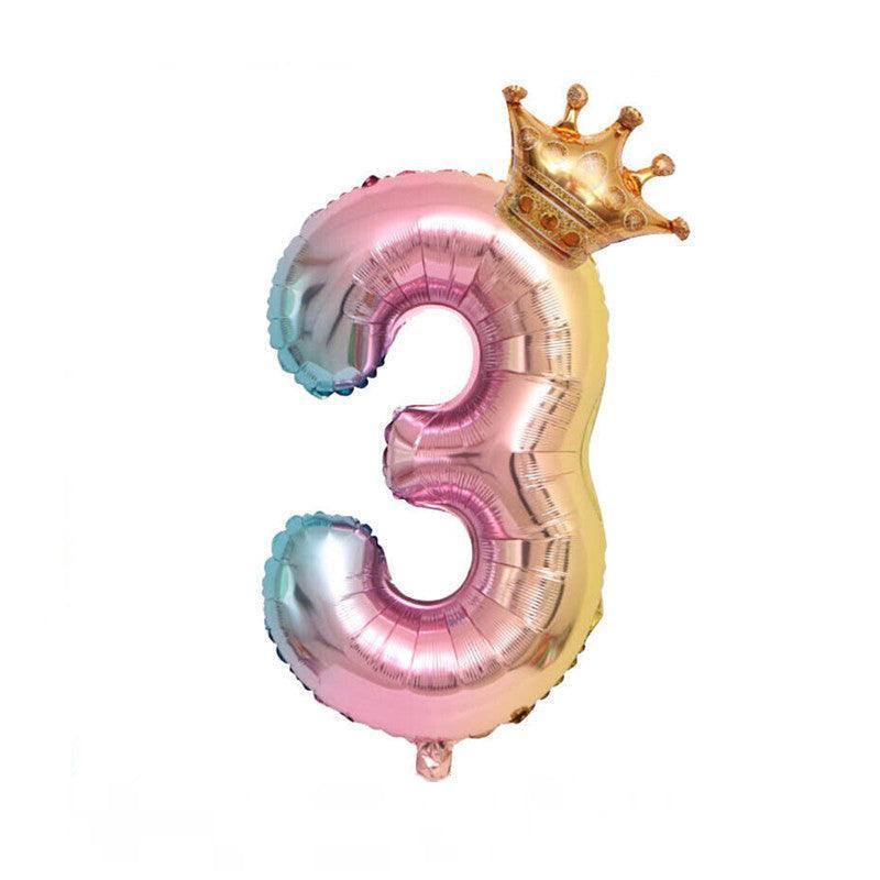 Iridescent Rainbow Foil Number Balloon with Gold Crown, 32 Inch (81 cm) - Number 3