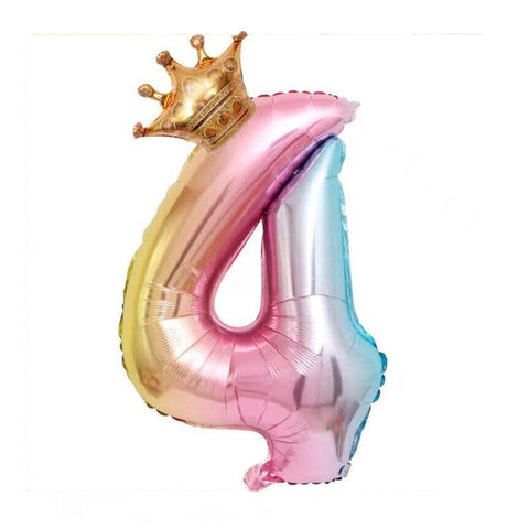 Iridescent Rainbow Foil Number Balloon with Gold Crown, 32 Inch (81 cm) - Number 4