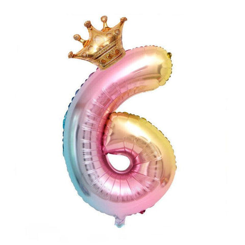 Iridescent Rainbow Foil Number Balloon with Gold Crown, 32 Inch (81 cm) - Number 6