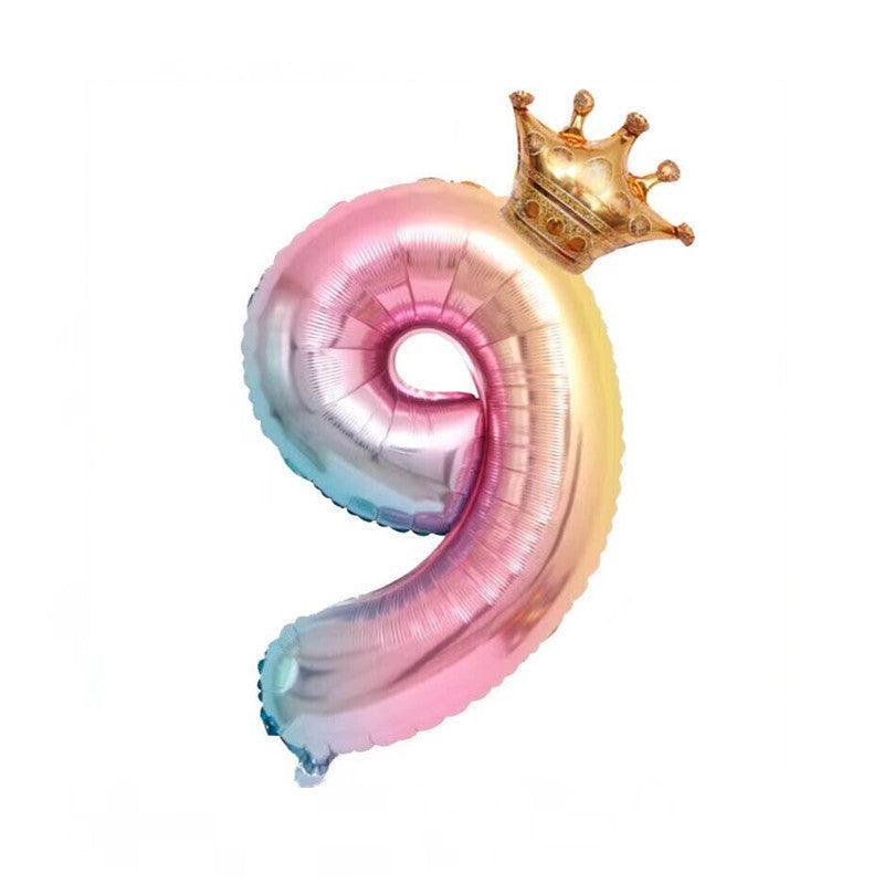 Iridescent Rainbow Foil Number Balloon with Gold Crown, 32 Inch (81 cm) - Number 9