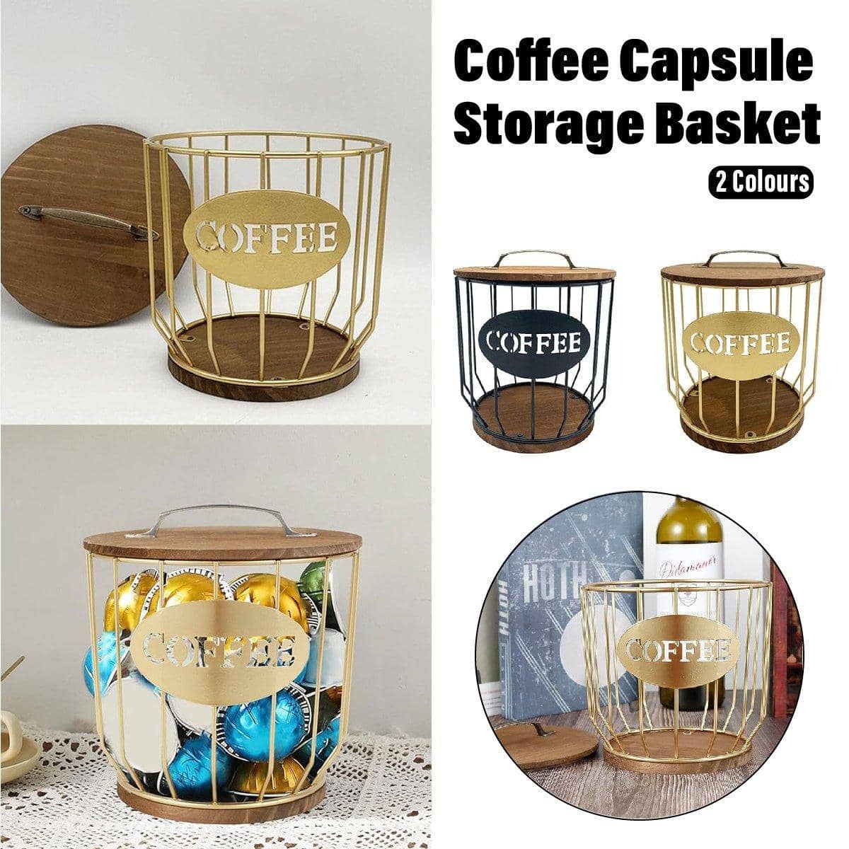 Iron and Wood Coffee Capsule Storage Basket - Gold - view 2