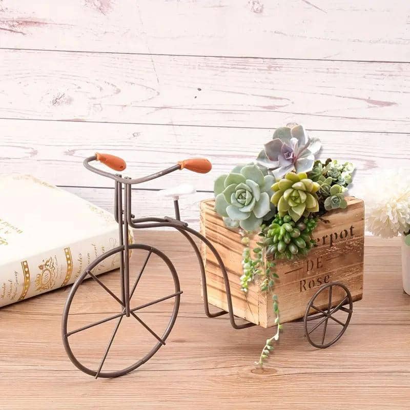Iron Bicycle Ornament with Wooden Flower Pot, Retro Plant Holder - view 4