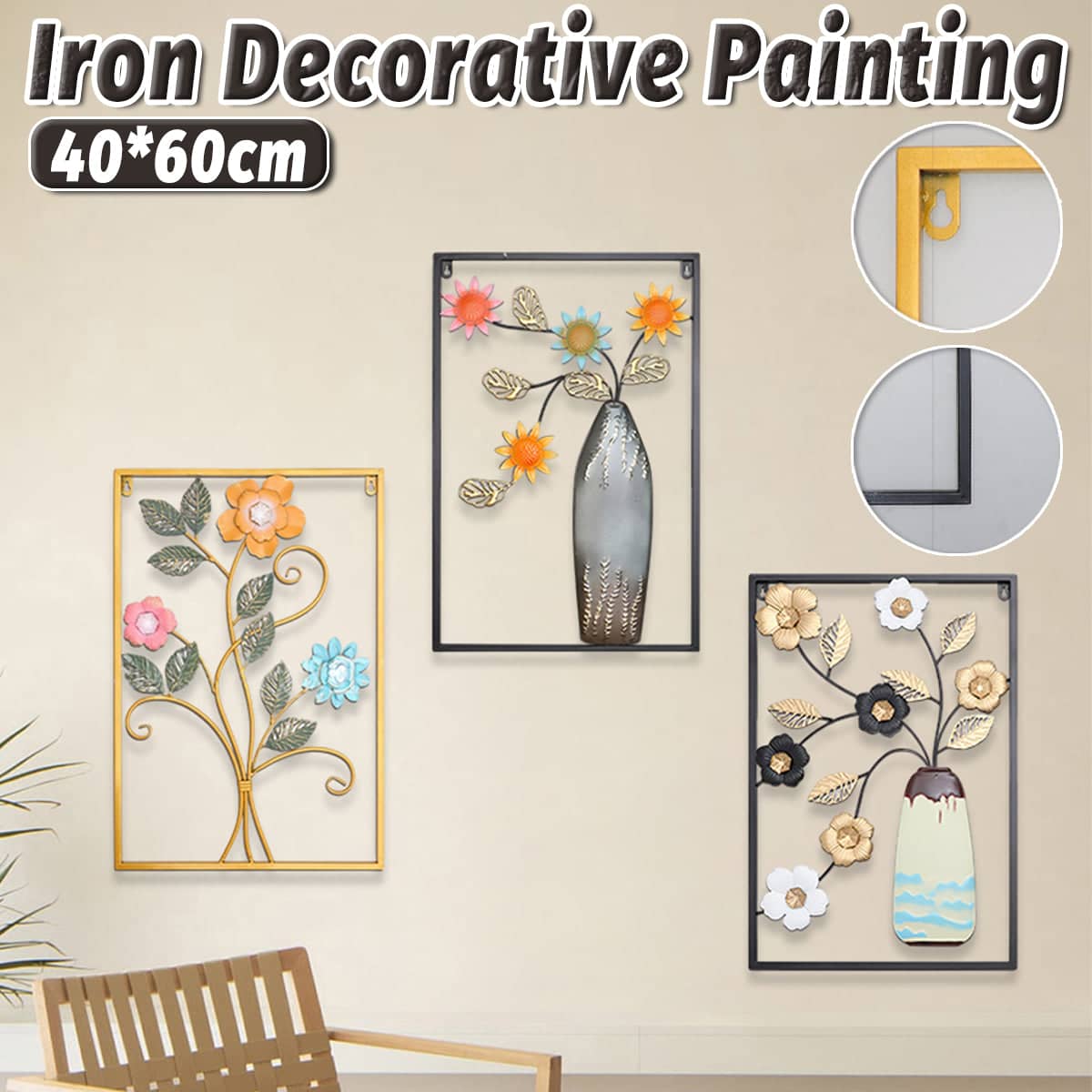 Iron Floral Wall Art Painting 40 x 60 cm - Style 2, Black Frame, Grey Vase with Pink, Blue and Orange Flowers - view 2