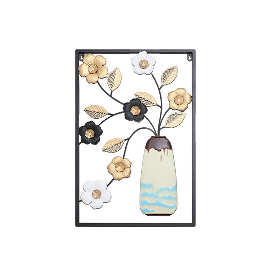 Iron Floral Wall Art Painting 40 x 60 cm - Style 3, Black Frame, Cream Vase with Gold, White and Black Flowers