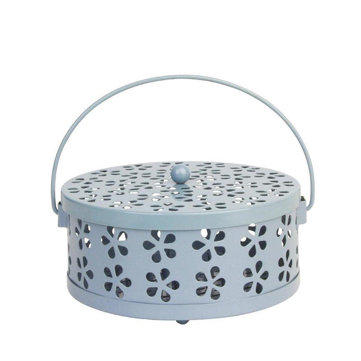 Iron Mosquito Incense Box with Lid and Handle, Coil Holder - Blue