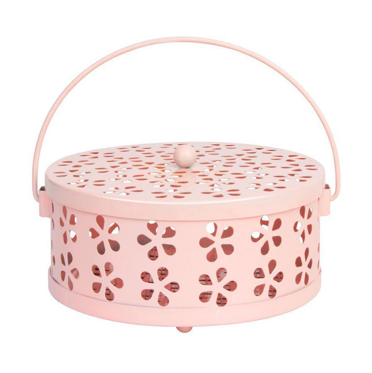 Iron Mosquito Incense Box with Lid and Handle, Coil Holder - Pink