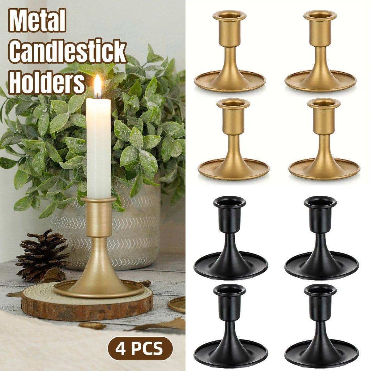 Iron Taper Candle Holders, Retro Style - Gold, Pack of 4 - view 2