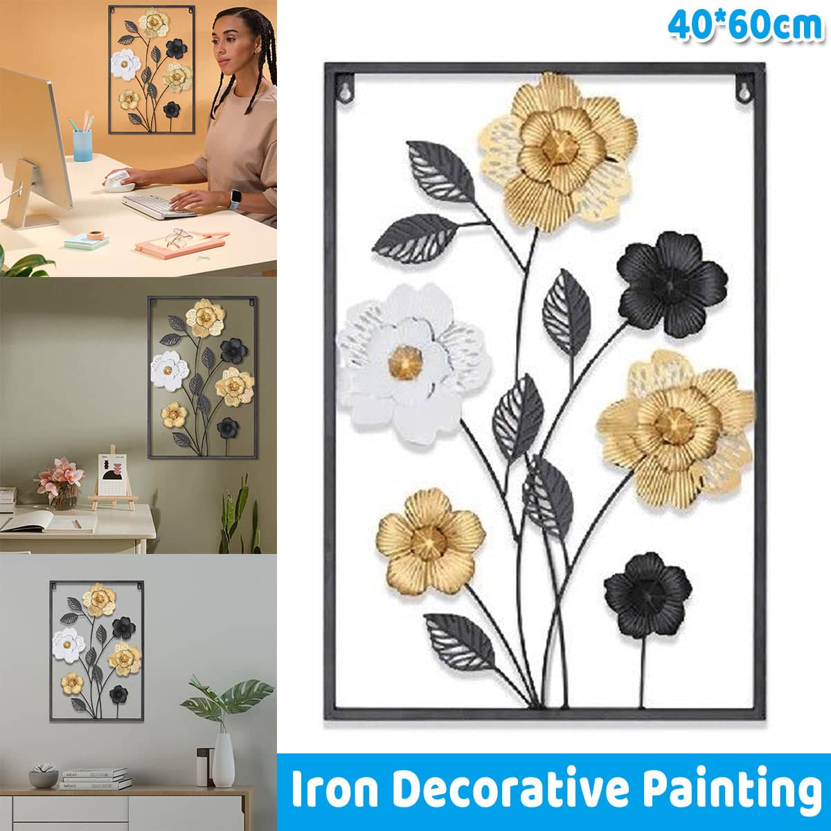 Iron Wall Art with Layered Flowers, Black Frame, 60 x 40 x 1 cm