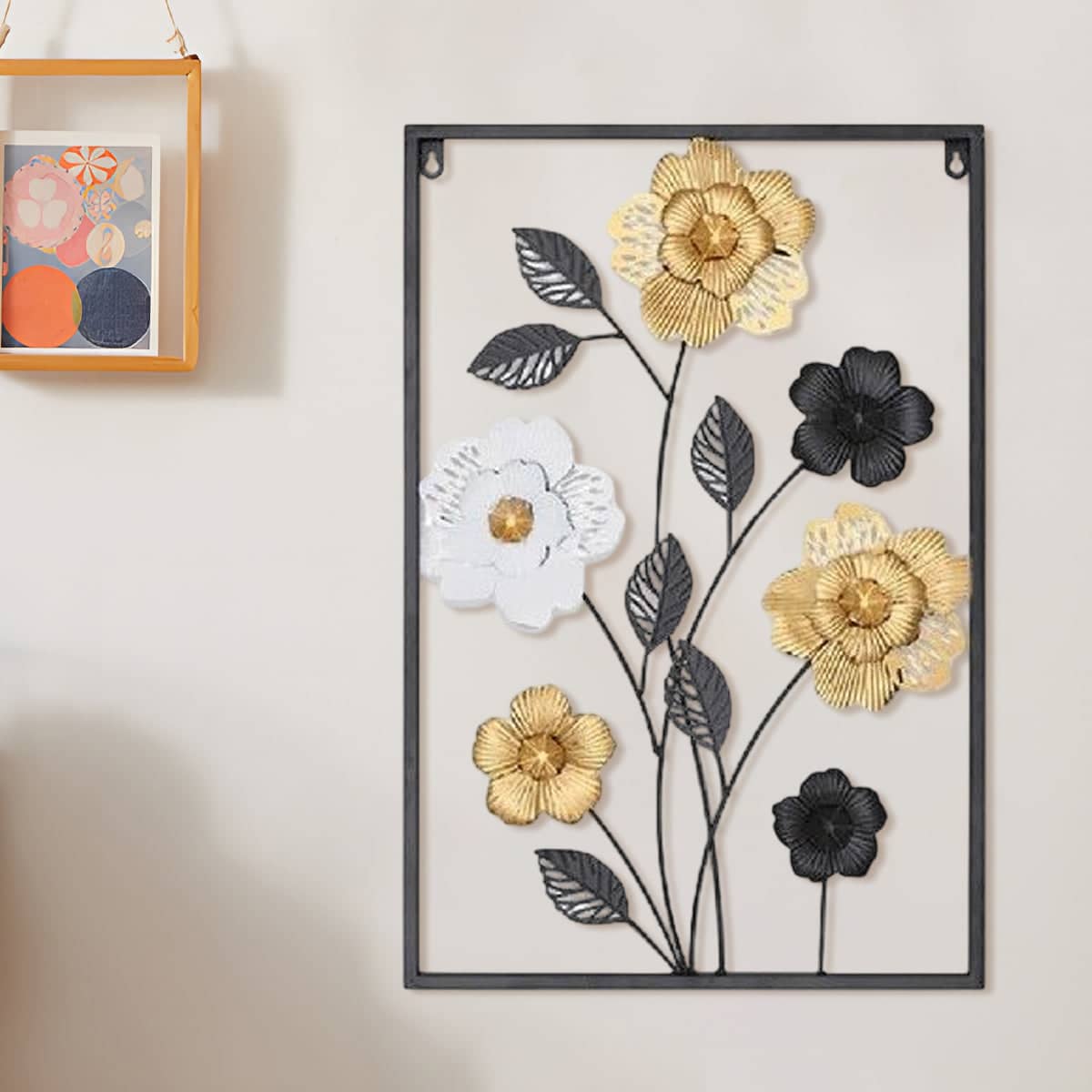 Iron Wall Art with Layered Flowers, Black Frame, 60 x 40 x 1 cm - view 5