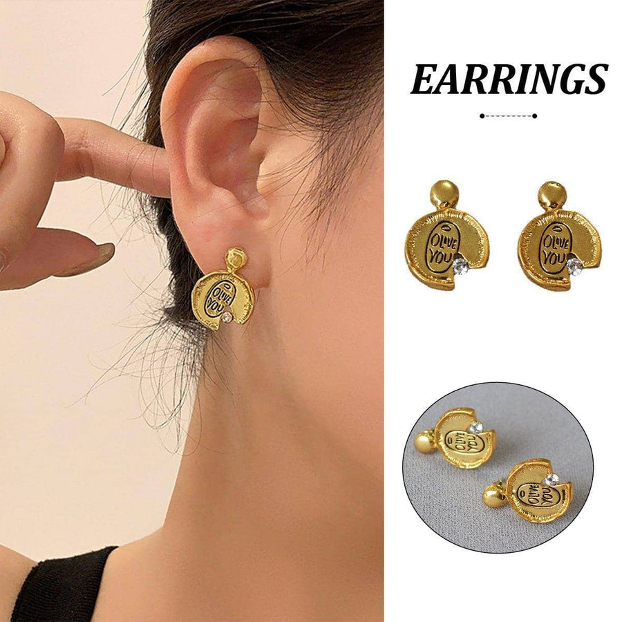 Irregular Lace Stud Earrings with Missing Corner Design, Gold Tone Copper