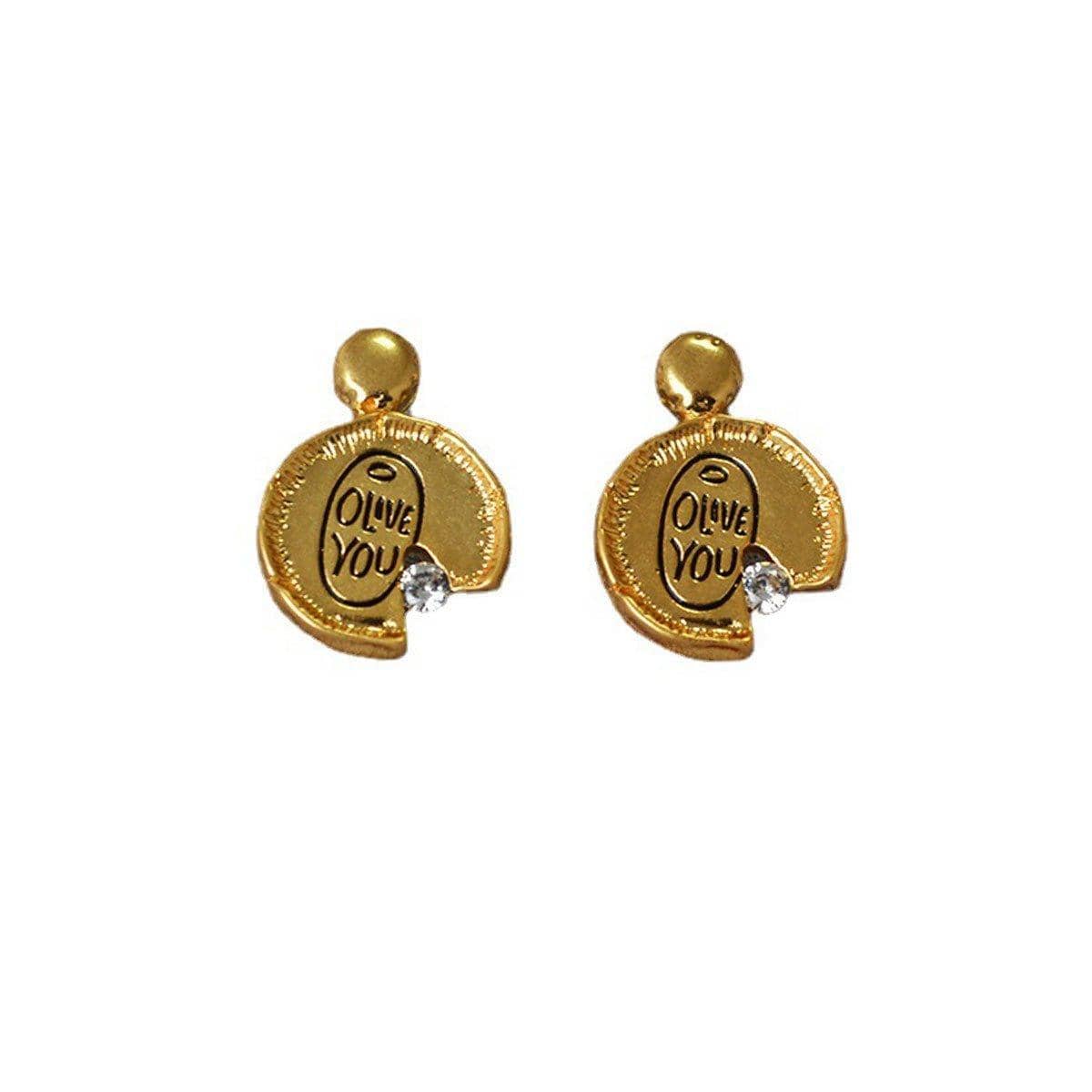 Irregular Lace Stud Earrings with Missing Corner Design, Gold Tone Copper - view 2