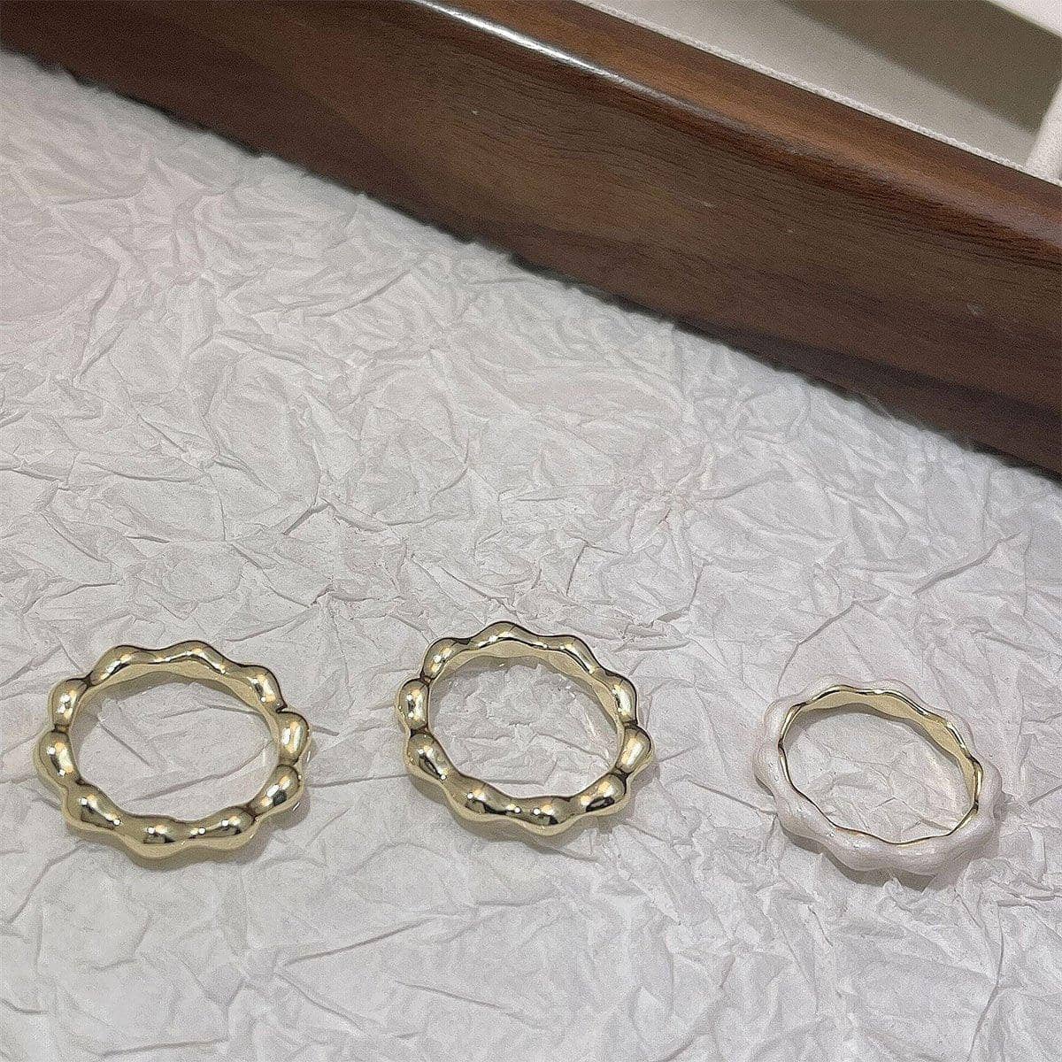 Irregular Three-Piece Ring Set in Gold and White, Minimalist Alloy - view 5