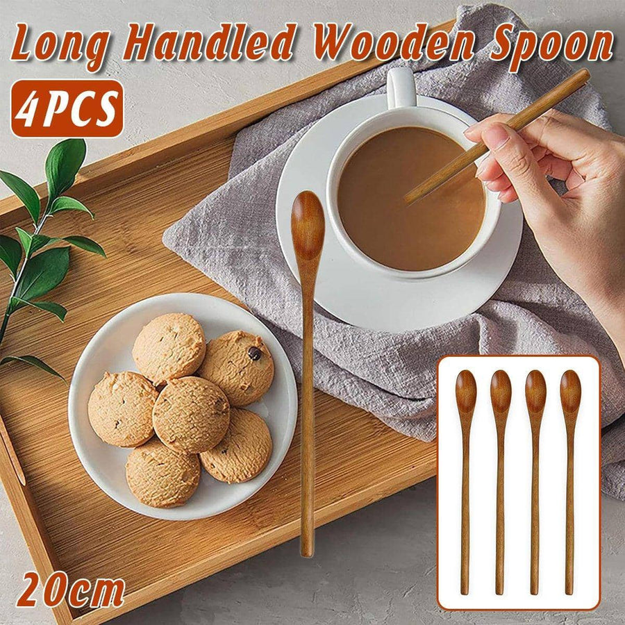 Japanese Wooden Long Handle Stirring Spoons 20 cm, Pack of 4