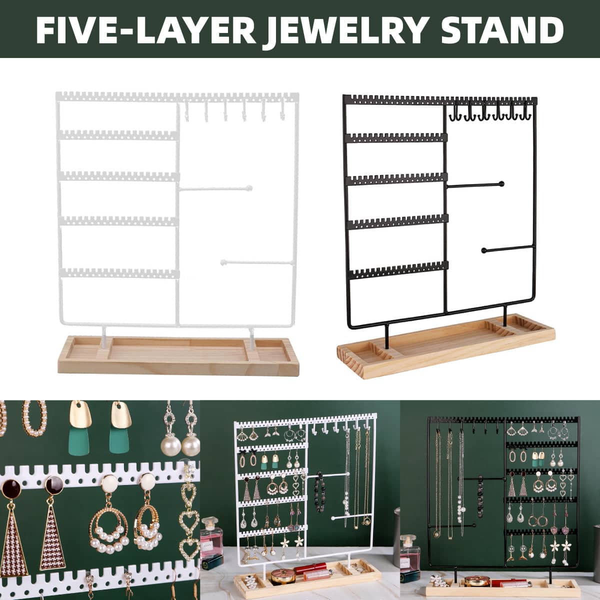 Jewellery Display Stand with Wooden Base for Earrings and Necklaces - Black - view 2