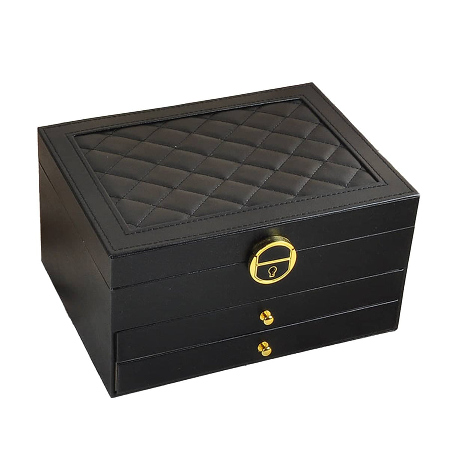 Jewellery Organiser Box, 3-Layer PU Leather Storage Case - Black