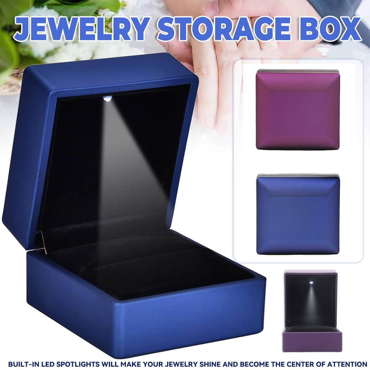 Jewellery Storage Box with LED Light and Flip-Top Lid for Rings - Blue - view 2