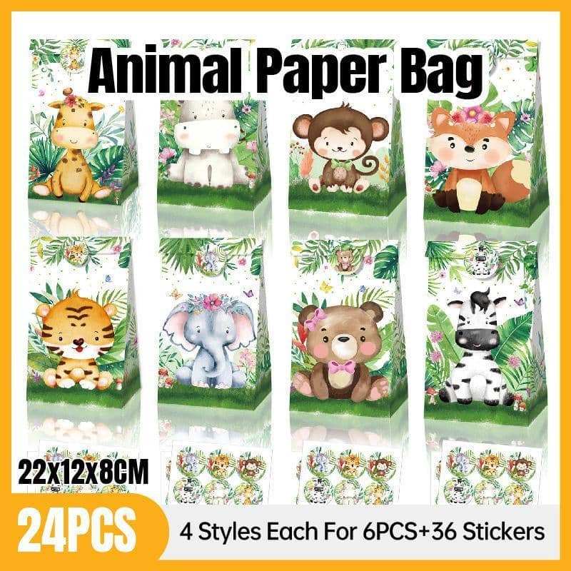 Jungle Animal Kraft Paper Party Bags - Pack of 24, Four Styles