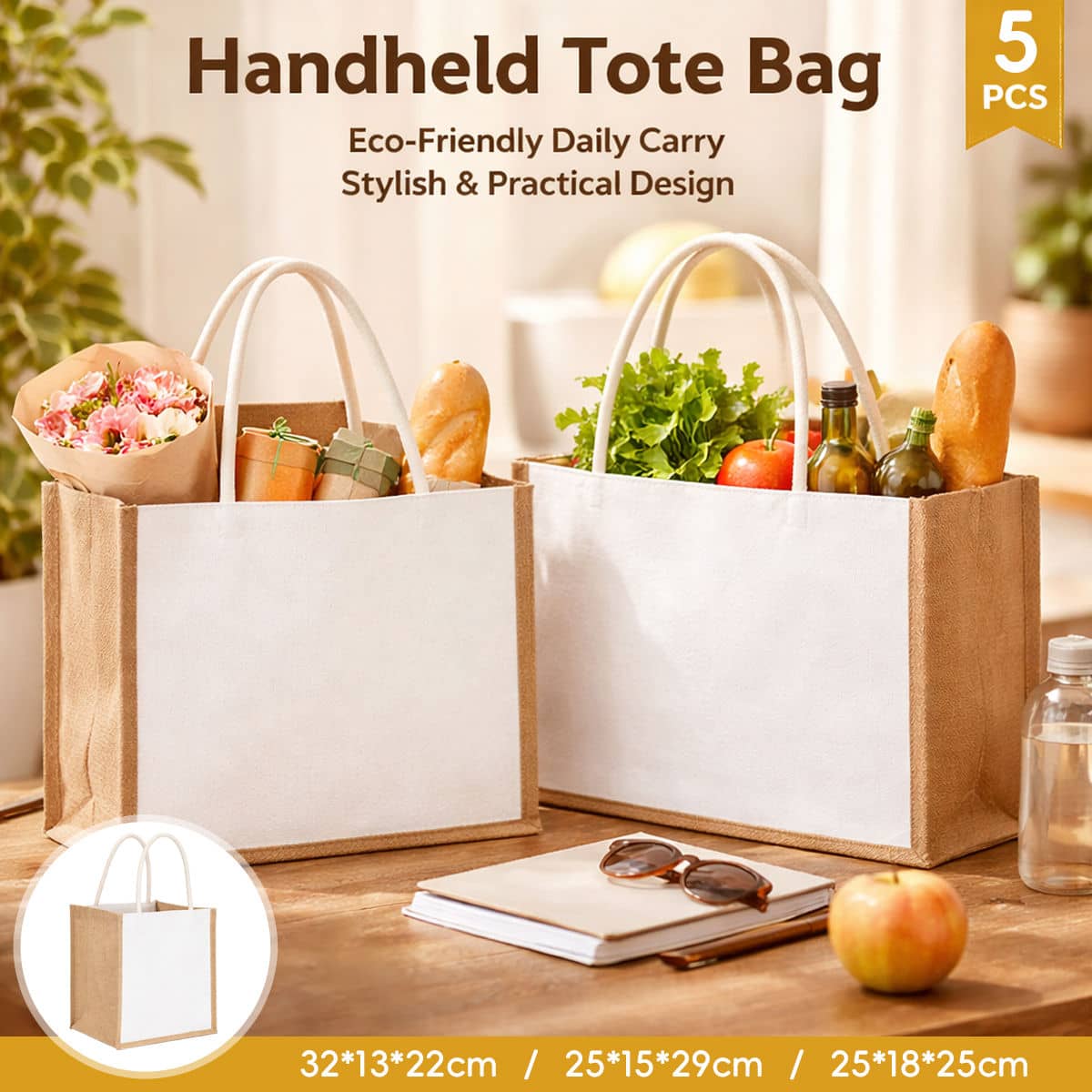 Jute Canvas Handheld Tote Bags, Pack of 5 - 32 x 13 x 22 cm - view 2