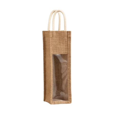 Jute Wine Bottle Bags with Window, Pack of 5 - Single Bottle