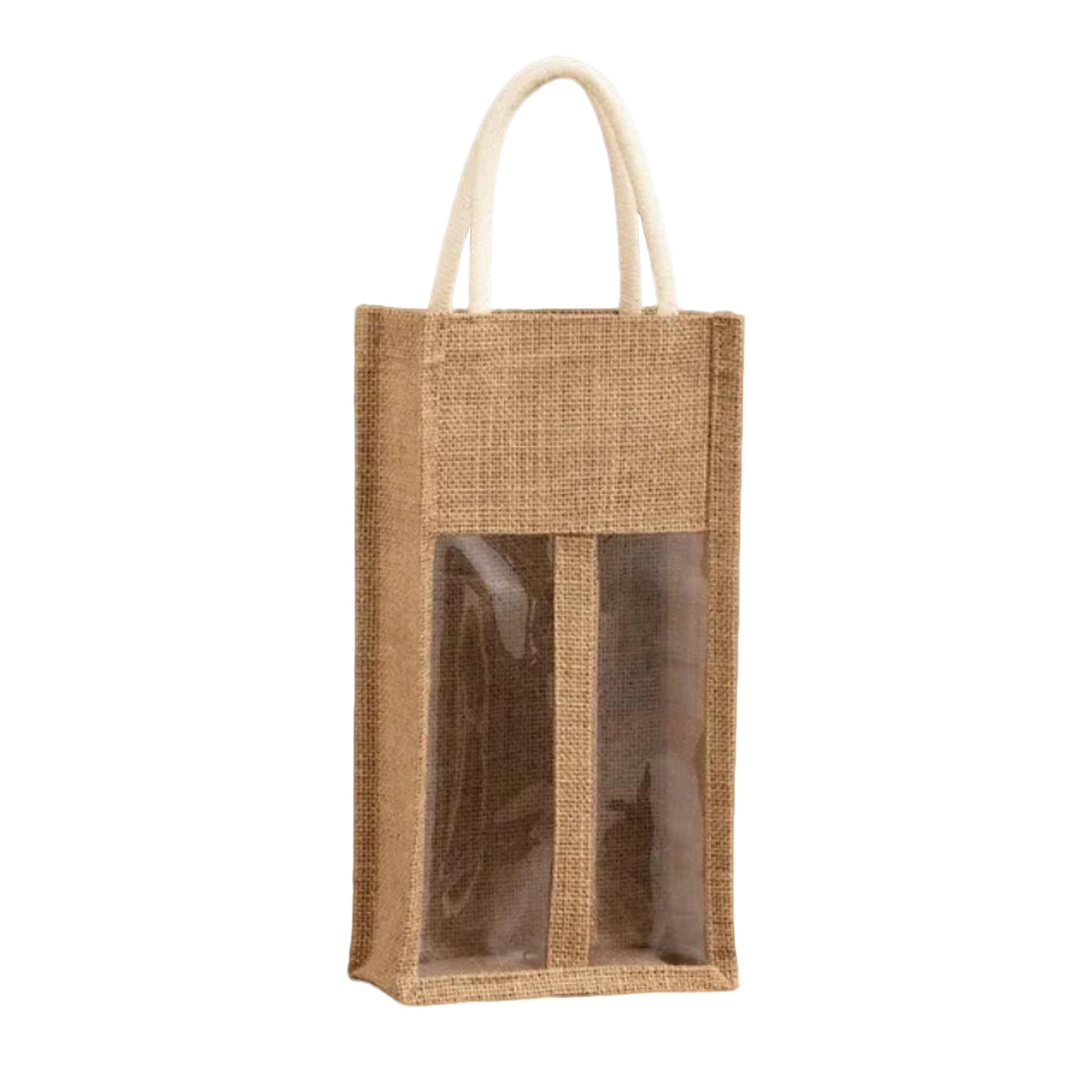 Jute Wine Bottle Bags with Windows, Pack of 5 - Double Bottle