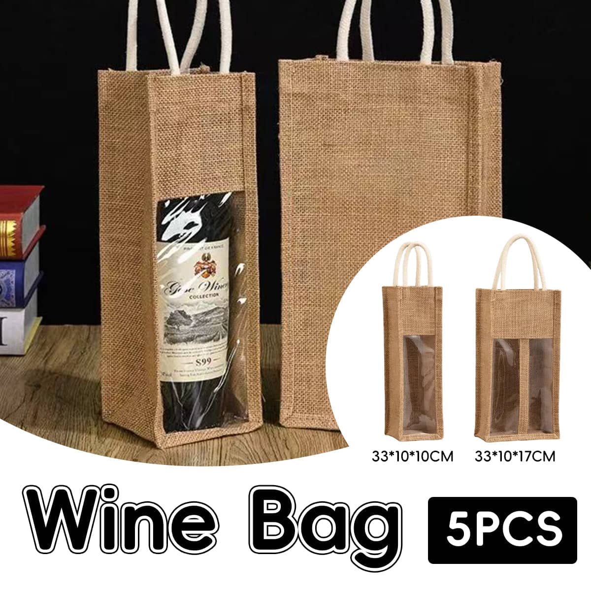 Jute Wine Bottle Bags with Windows, Pack of 5 - Double Bottle - view 2