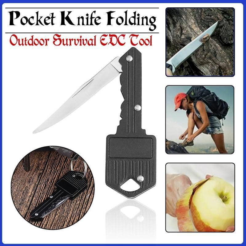 Key Shaped Folding Pocket Knife - Black Aluminium Handle, Silver Steel Blade