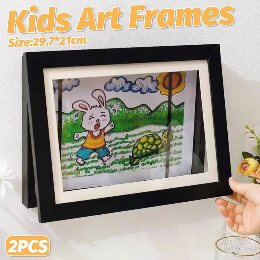 Kids Art Display Frames Set Wooden Artwork Holder - Pack of 2 A4 Frames, Black