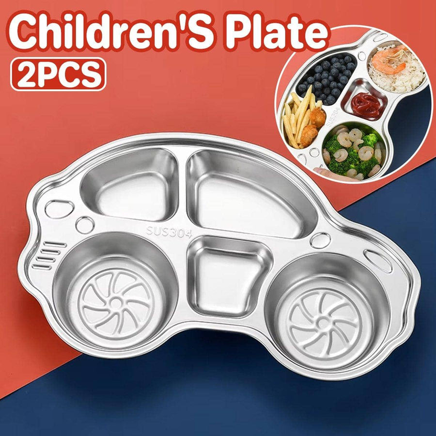 Kids Car-Shaped Divided Plate in Stainless Steel, Pack of 2