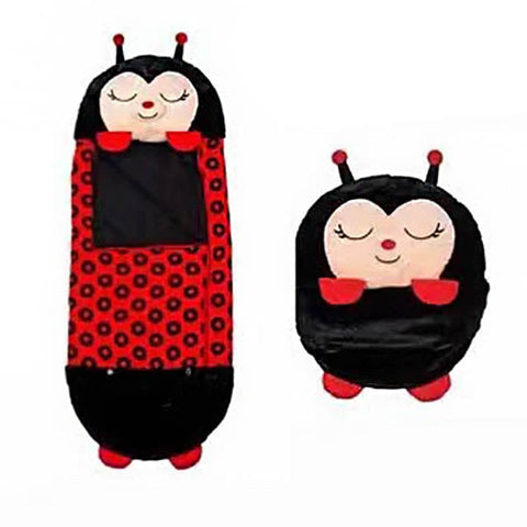 Kids Convertible Ladybird Sleeping Bag Plush Pillow 180 x 70 cm - Black, Small