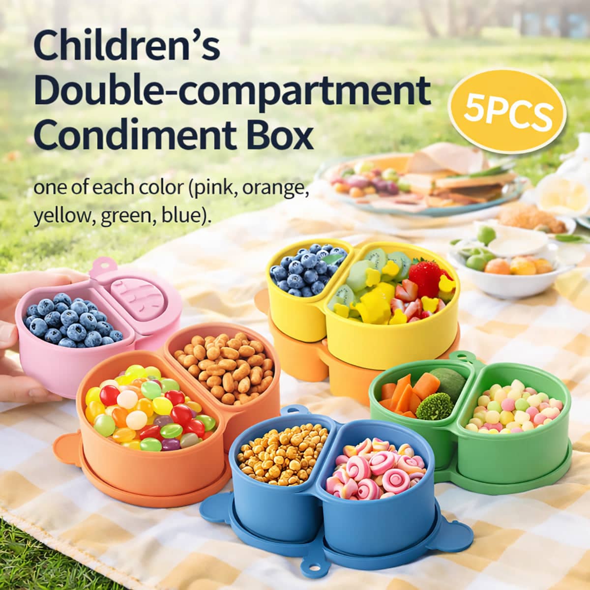 Kids Double Compartment Snack Containers - 5 Pack, Silicone, 17.2 x 4.2cm
