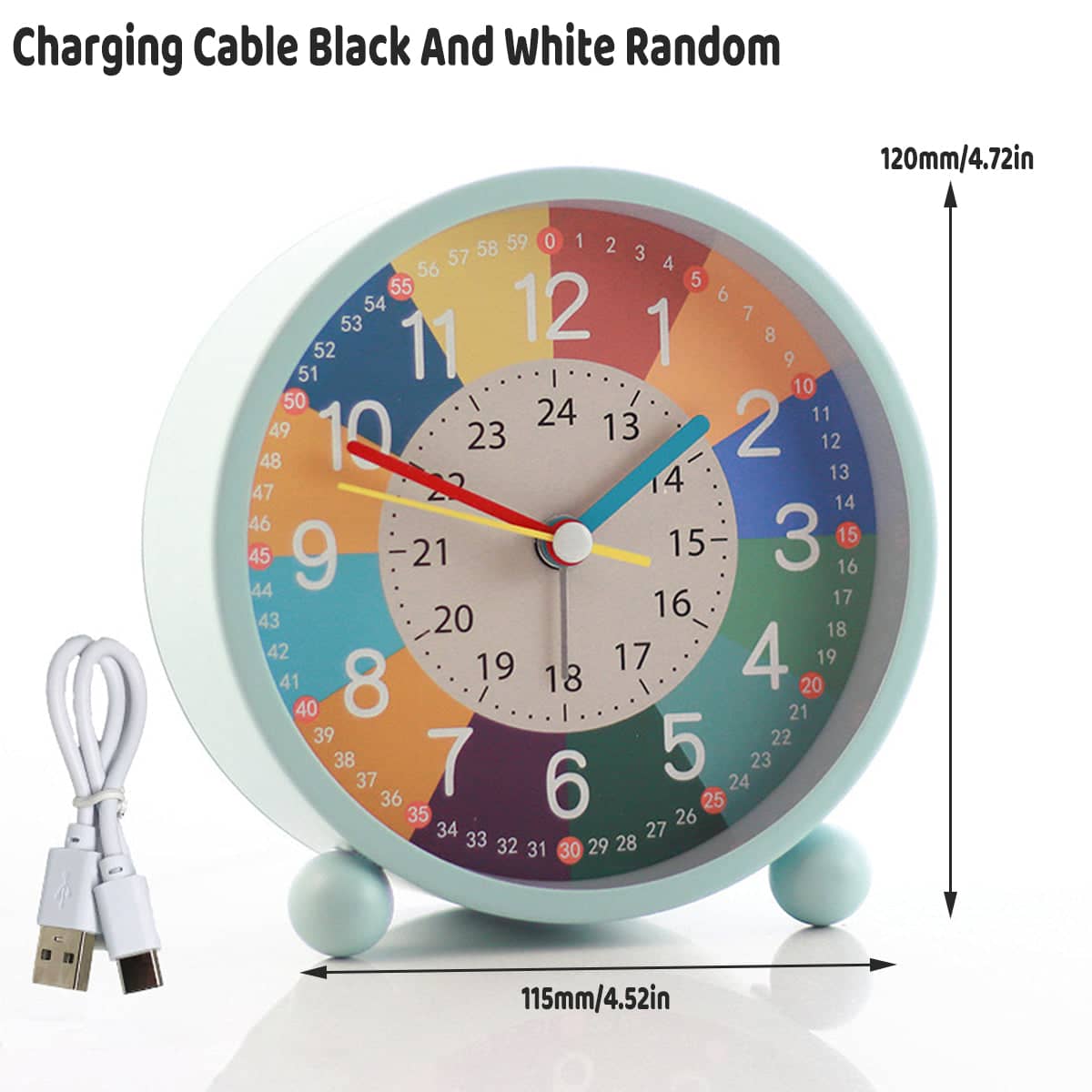 Kids Metal Alarm Clock Early Education Bedside Clock with USB Charging, Light Blue - view 3