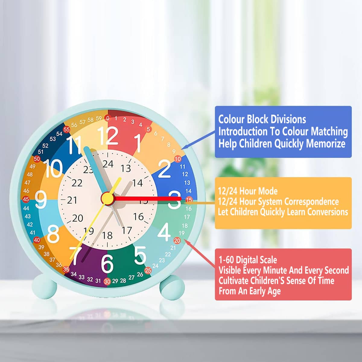Kids Metal Alarm Clock Early Education Bedside Clock with USB Charging, Light Blue - view 5