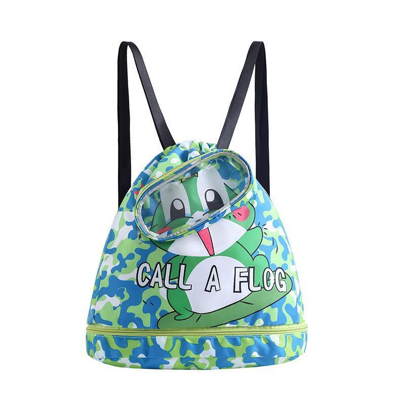 Kids Waterproof Swim Backpack - Green Frog, Large, Double Layer (37 x 34 x 13 cm)