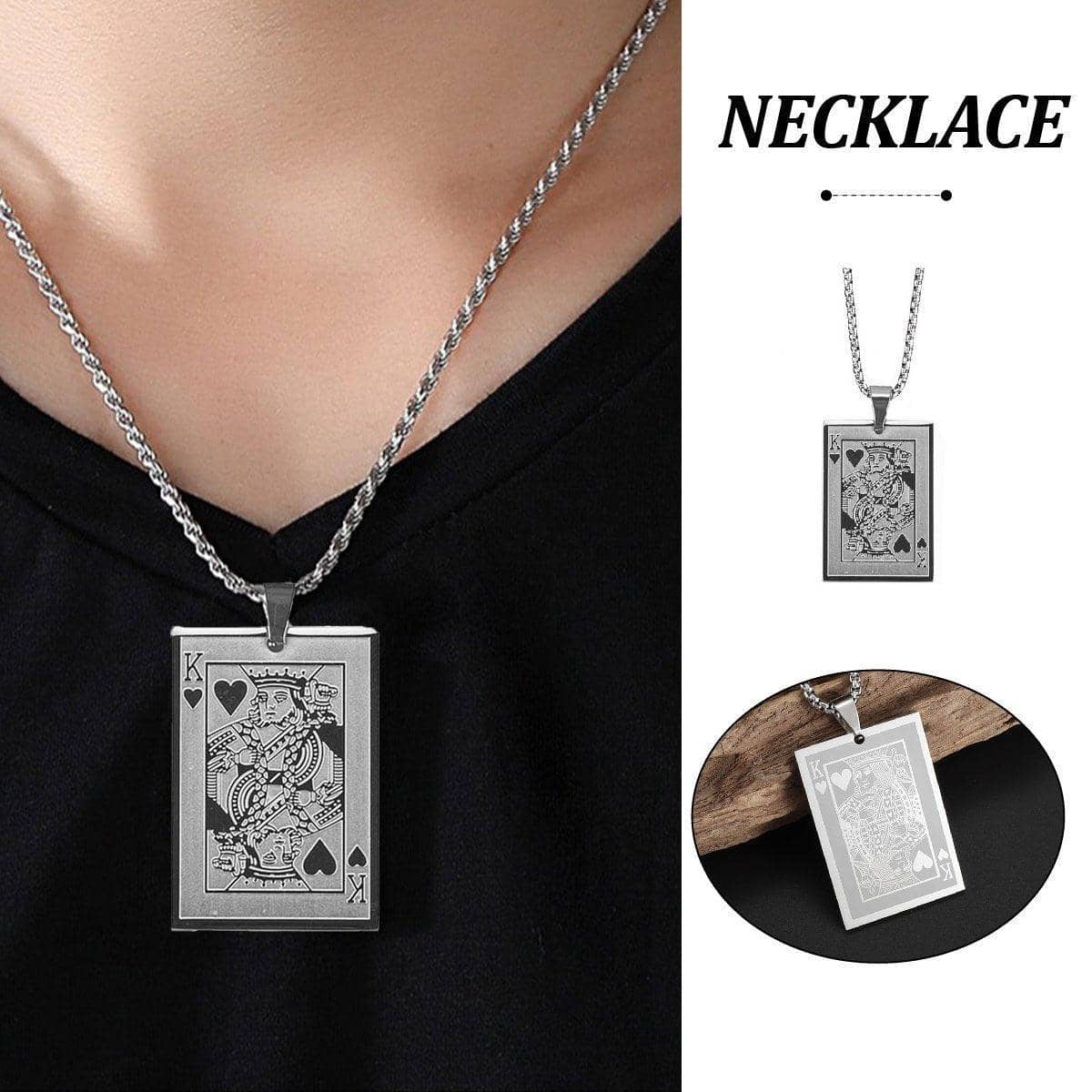 King of Hearts Poker Card Pendant Necklace, Stainless Steel for Men