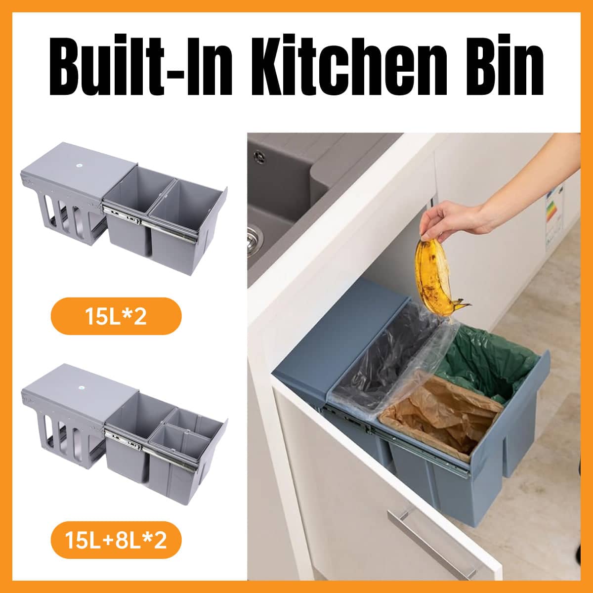 Kitchen Built-In Pull-Out Sorting Trash Can, Space Saving Under Sink - One 15 L and Two 8 L Bins - view 2