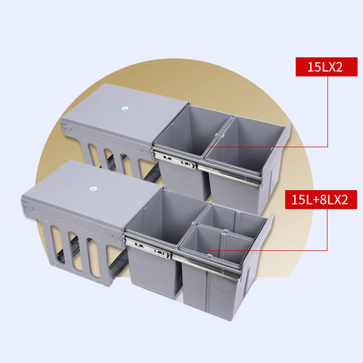 Kitchen Built-In Pull-Out Sorting Trash Can, Space Saving Under Sink - One 15 L and Two 8 L Bins - view 5