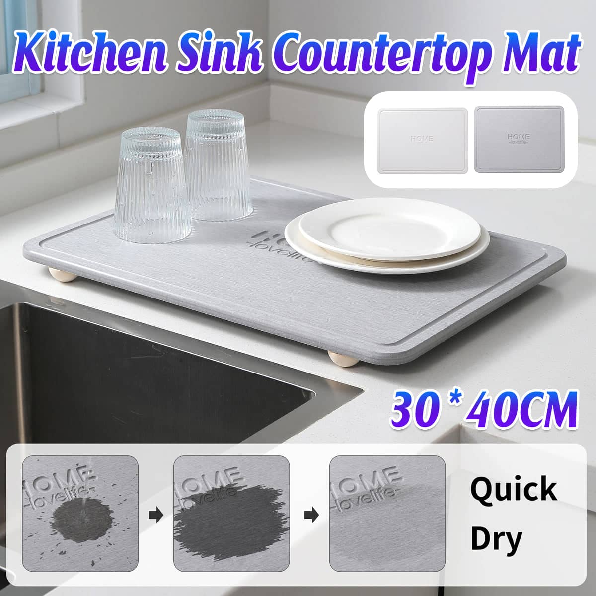 Kitchen Countertop Drain Mat for Sink, Quick Dry Waterproof Dish Drying Mat - Grey - view 2