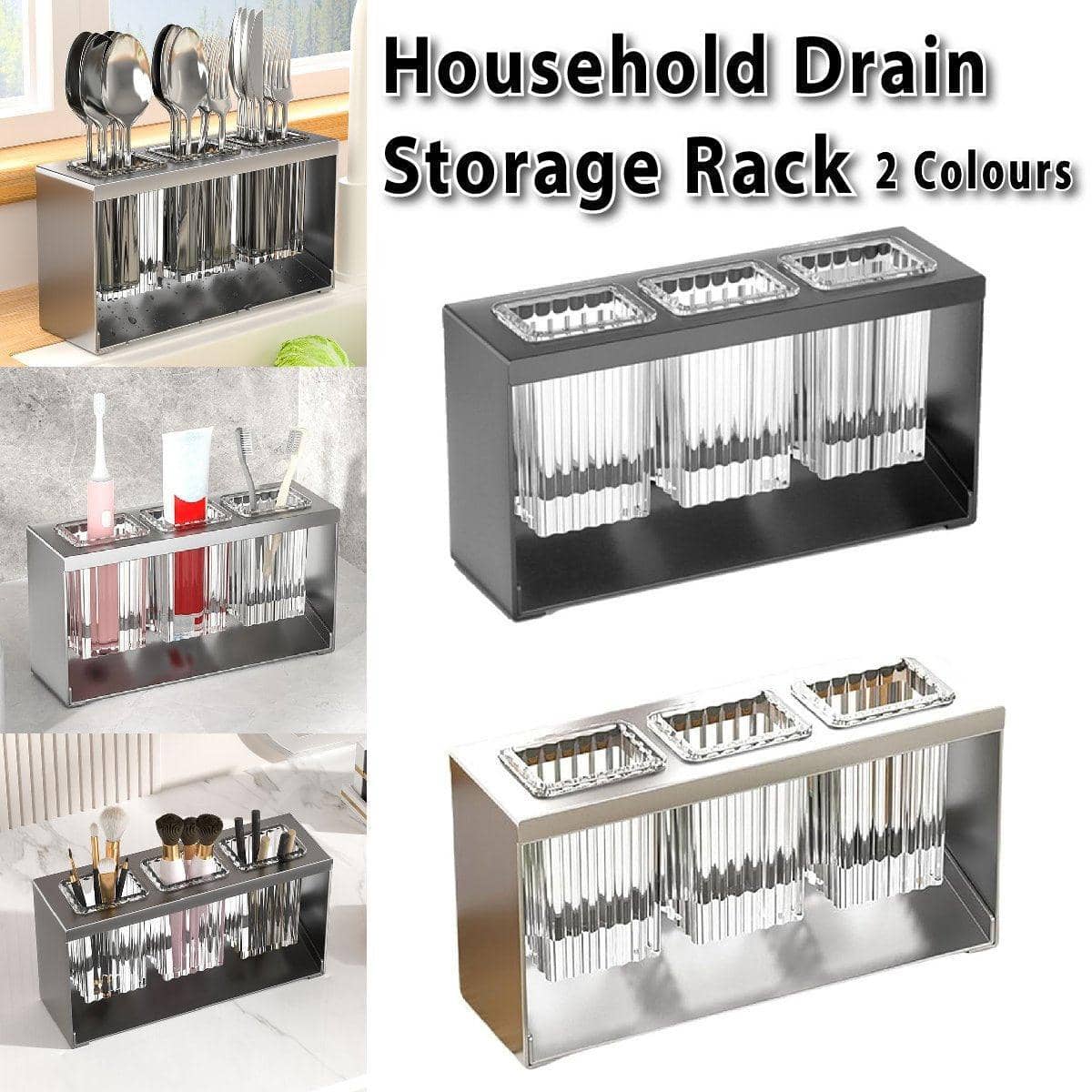 Kitchen Countertop Utensil Drain Rack, 3 Compartments - Grey - view 2