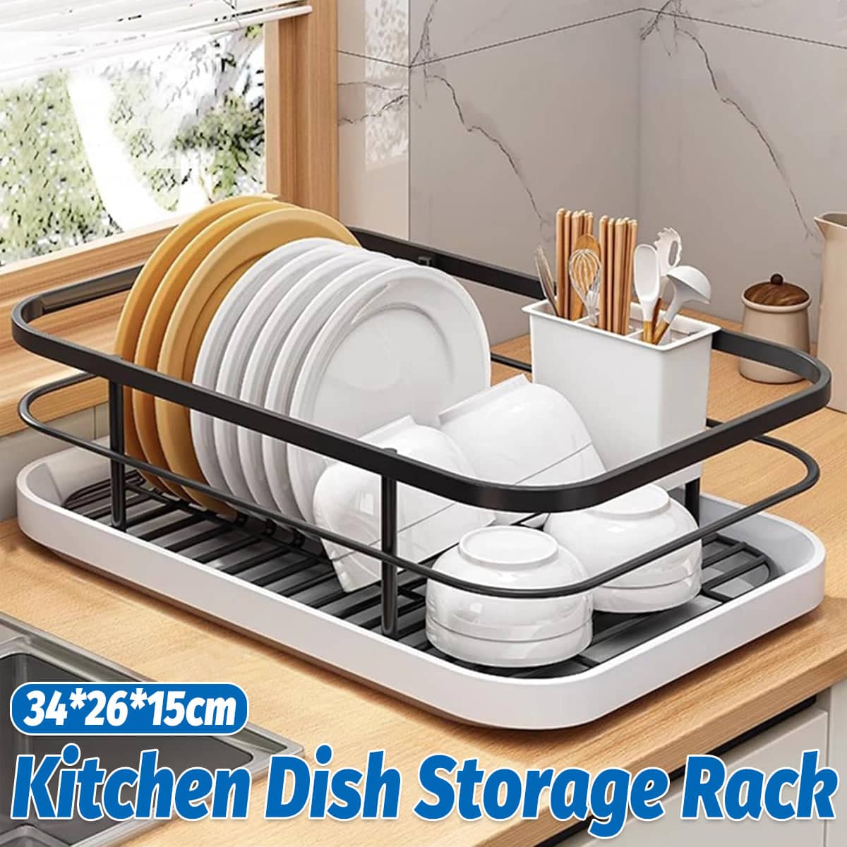 Kitchen Dish Drying Rack Sink Organiser Plate Holder with Chopstick Storage Box