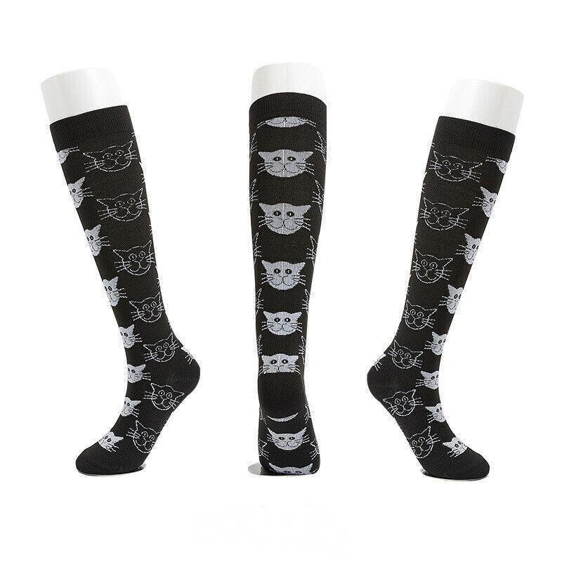 Knee High Compression Socks 20-30 mmHg, Size S/M - Black with Grey Cat Faces