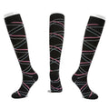 Knee High Compression Socks 20-30 mmHg, Size S/M - Black with Pink and Grey Crossing Lines