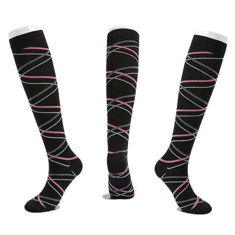 Knee High Compression Socks 20-30 mmHg, Size S/M - Black with Pink and Grey Crossing Lines
