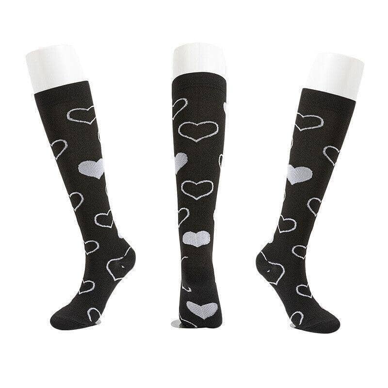 Knee High Compression Socks 20-30 mmHg, Size S/M - Black with White Hearts