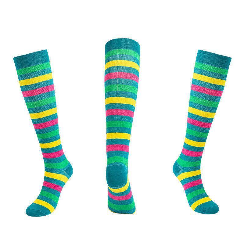 Knee High Compression Socks 20-30 mmHg, Size S/M - Green with Yellow and Pink Stripes