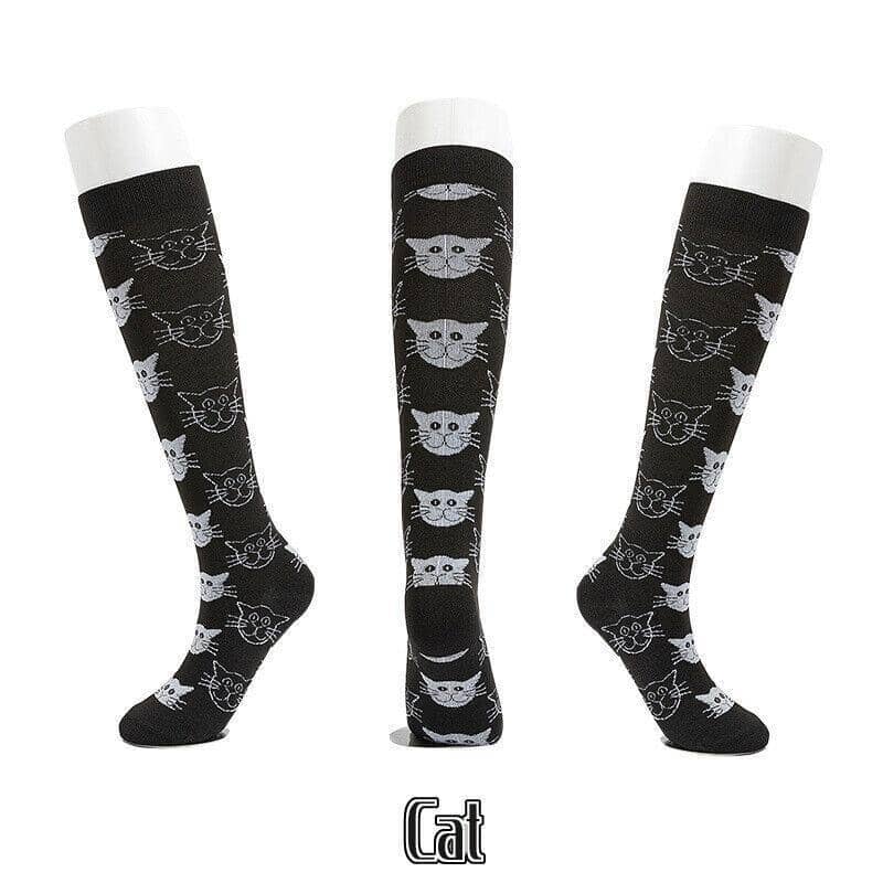 Knee-High Compression Socks - Black Cat Print, Fits Shoe Size 40-46