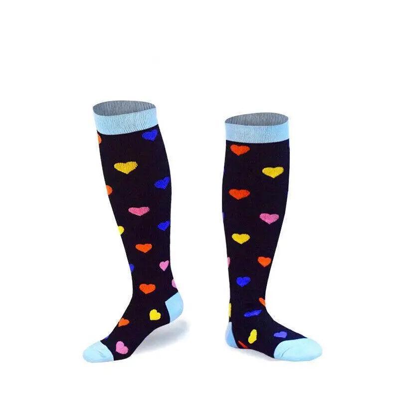 Knee-High Compression Socks for Women and Men - Navy with Multicolour Hearts