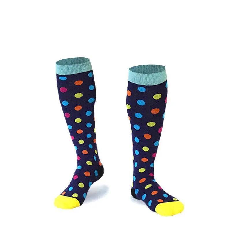 Knee-High Compression Socks for Women and Men - Navy with Multicolour Polka Dots