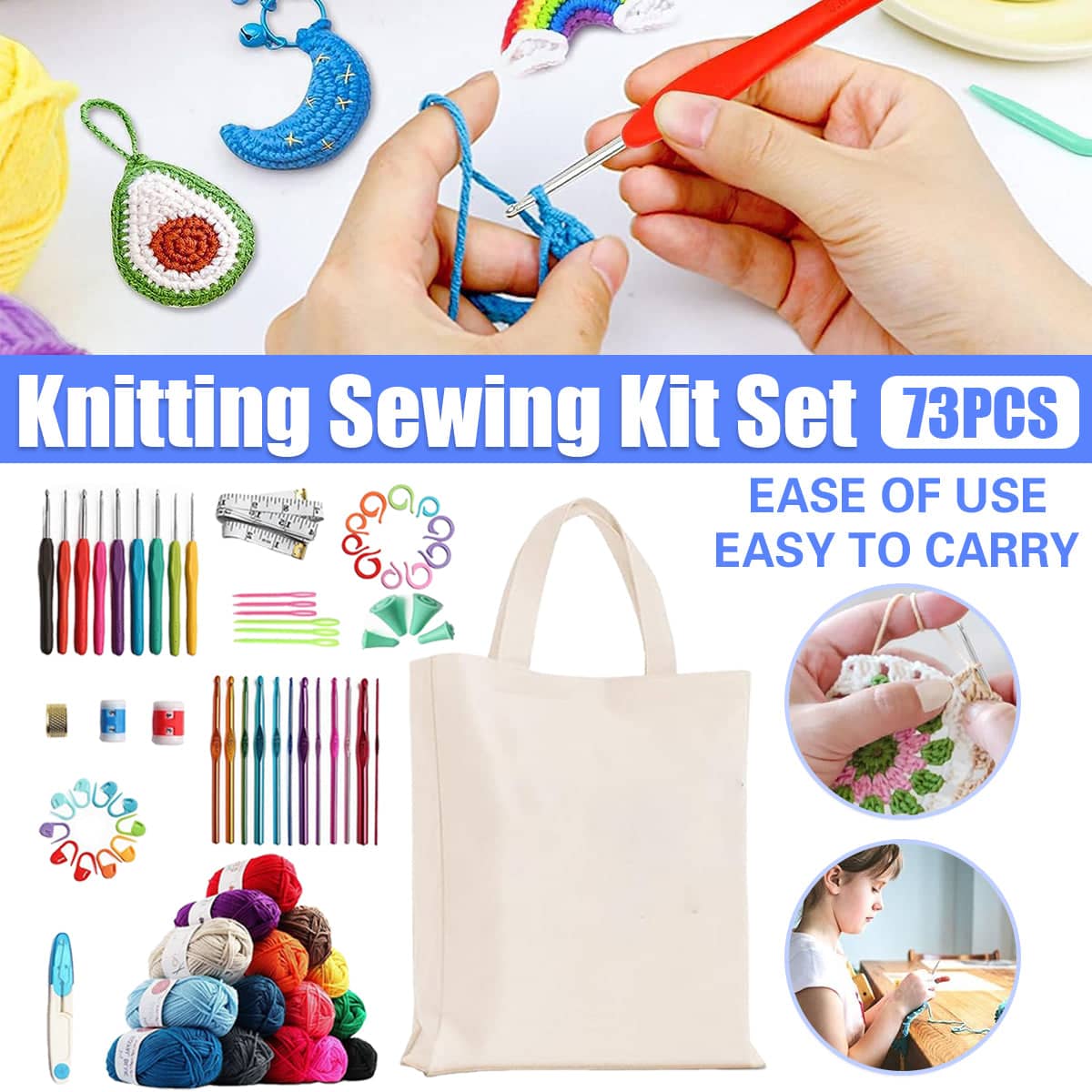 Knitting and Sewing Kit Set of 73 with Crochet Hooks, Needles, Threads and Scissors