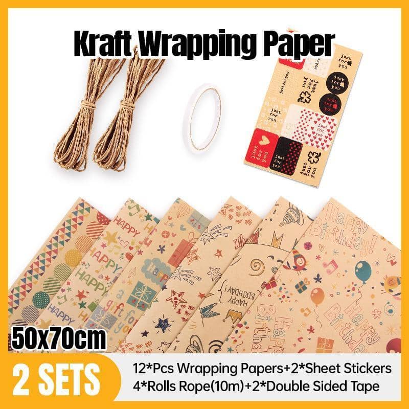 Kraft Gift Wrapping Paper Set Birthday Valentines Holiday 12 Sheets 50 x 70 cm